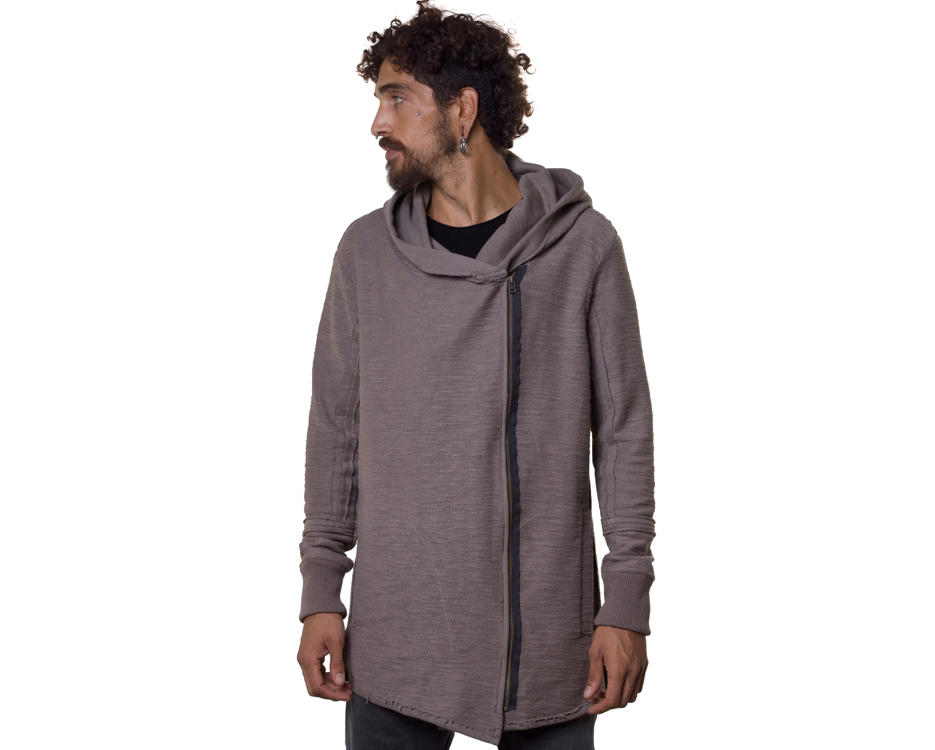 man stylish side zipper hooded jacket in grey